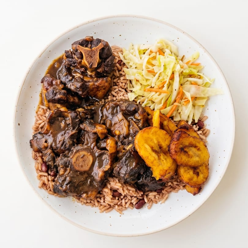 Oxtail stew with rice and peas, fried plantains, and coleslaw on a white plate.