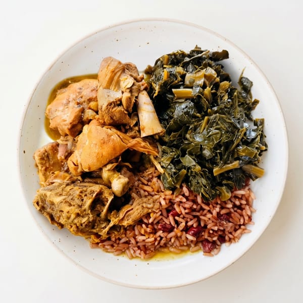 A plate of stewed chicken, collard greens, and red rice with beans.