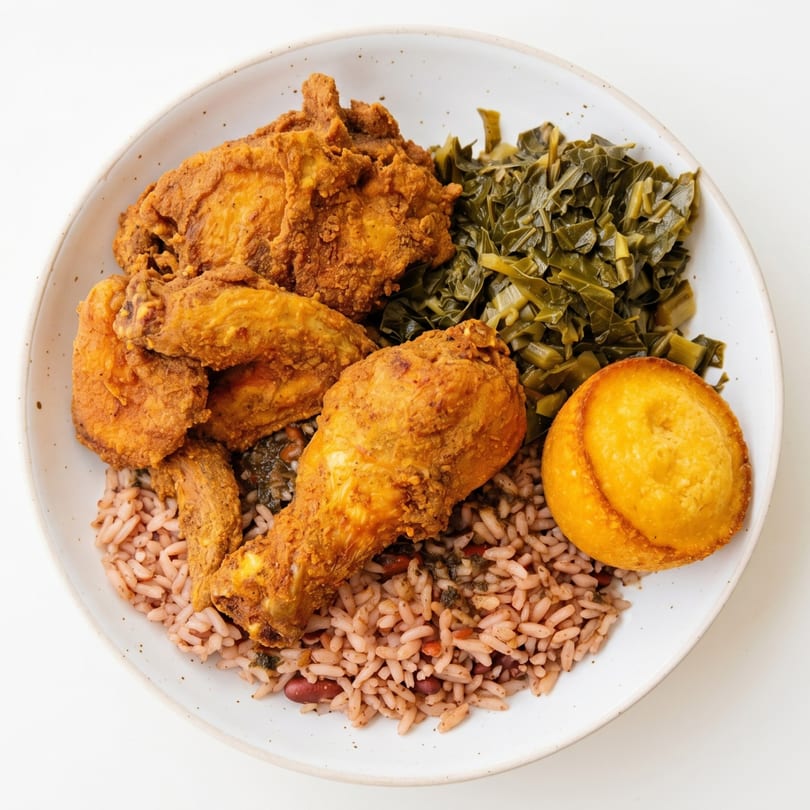 Fried chicken, collard greens, rice and beans, and cornbread on a white plate.
