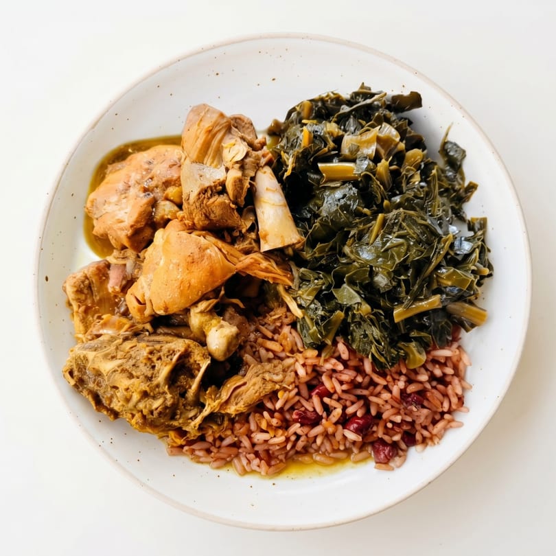 A plate of stewed chicken, collard greens, and red rice with beans on a white background.