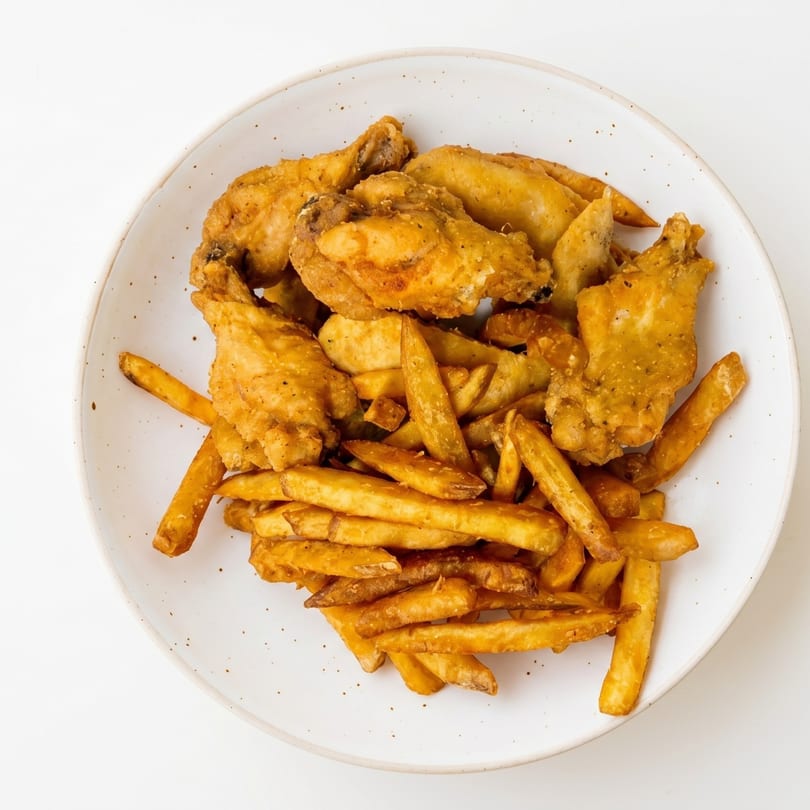 Crispy fried chicken wings and golden french fries served on a white speckled plate.