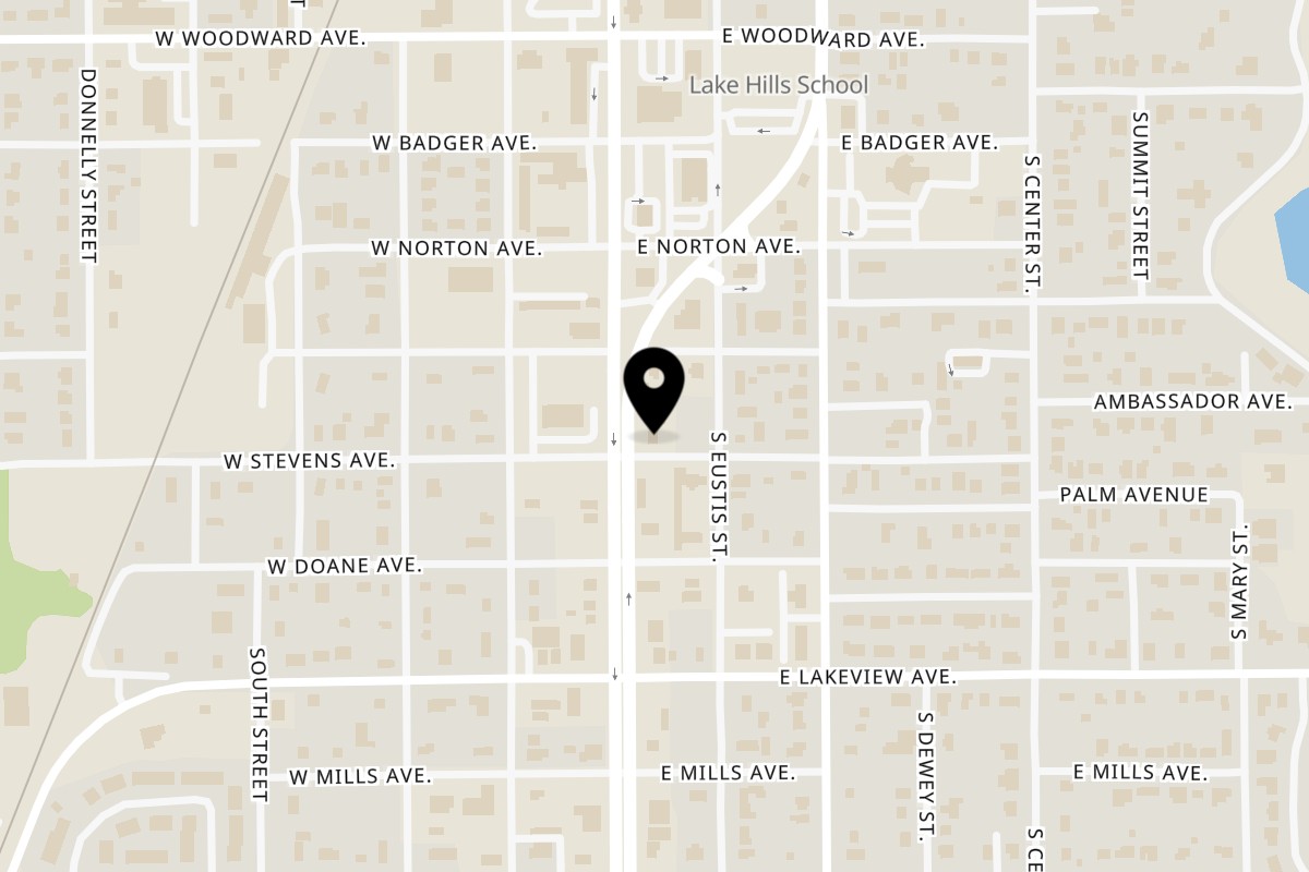 Map showing the location of Night Owl Caribbean Cuisine on 929 S Bay St in Eustis